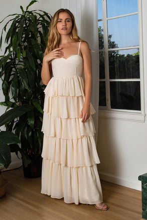 A Line Champagne Spaghetti Straps Chifffon Long Prom Dresses With Layers OM0323