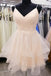 A Line Spaghetti Straps V Neck Pink Short Prom Dresses, Graduation Homecoming Dress OMH0043
