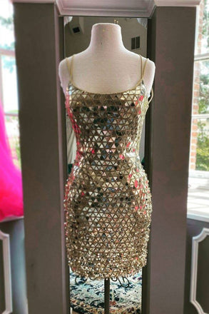 Gold Sequined Tight Short Homecoming Dress, Sexy Mini Cocktail Dresses OMH0085
