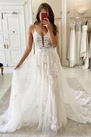 Unqie A Line Ivory Lace Appliques Spaghetti Straps V Neck Wedding Gowns, Bridal Dress OW0120