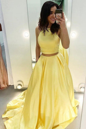 Two Piece Yellow Satin Formal Evening Dress Halter Long Prom Dresses PDN80