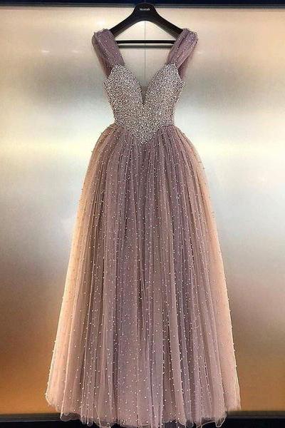 Charming Beaded V-neck Prom Dresses A Line Floor Length Evening Gowns PDN84