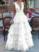 Elegant Deep V-neck A Line Tulle Prom Dress Tiered Long Evening Dresses OM0070