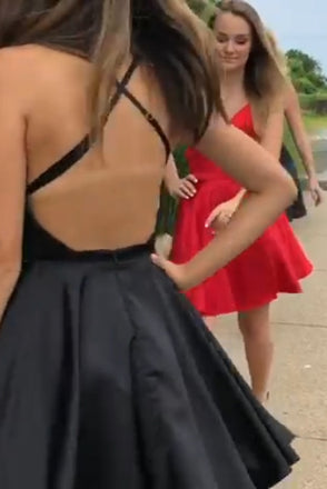 Simple A line V Neck Satin Spaghetti Straps Black Short Homecoming Dress, Sweet 16 Dresses SK47