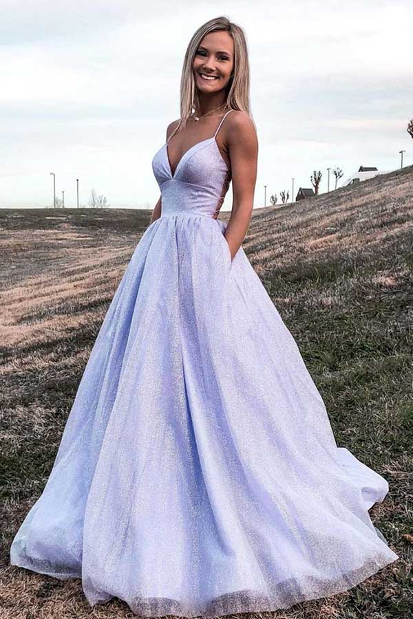 A line Purple V Neck Spaghetti Straps Prom Dresses with Pockets, Evening Dress OM0025