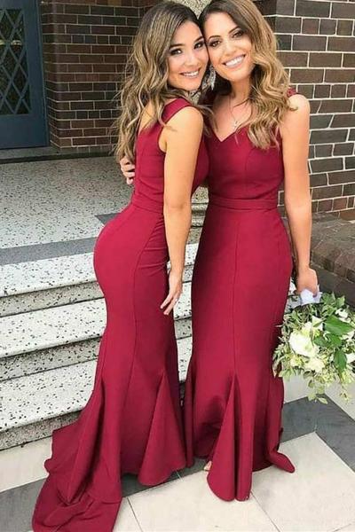 Dark Red Mermaid Bridesmaid Dresses V-neck Sweep Train Wedding Guest Dress – trendtydresses Dark Red Mermaid Bridesmaid Dresses V-neck Sweep Train Wedding Guest Dress – trendtydresses