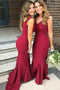 Dark Red Mermaid Bridesmaid Dresses V-neck Sweep Train Wedding Guest Dress PDO16