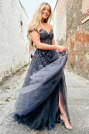 A Line Charcoal Off the Shoulder Sweetheart Prom Dresses With Appliques OM0367