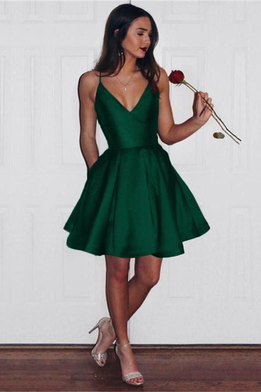 Simple A line Dark Green V neck Spaghetti Straps Short Mini Prom Dress. Homecoming Dress trendtydresses Simple A line Dark Green V neck Spaghetti Straps Short Mini Prom Dress. Homecoming Dress trendtydresses