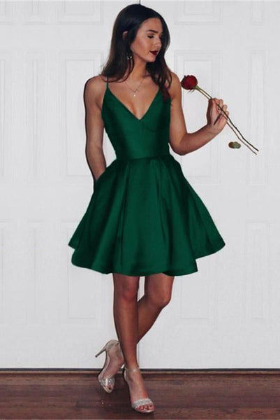Simple A line Dark Green V neck Spaghetti Straps Short Mini Prom Dress. Homecoming  Dress – trendtydresses