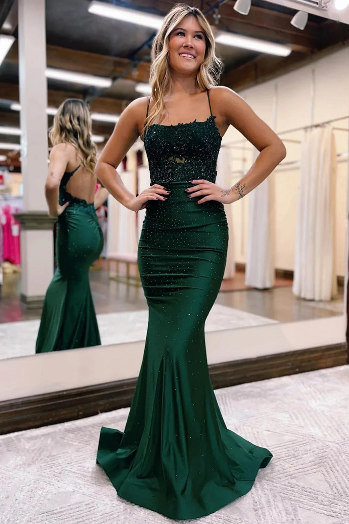 Glitter Mermaid Dark Green Beaded Spaghetti Straps Long Prom Dress With Open Back OM0368