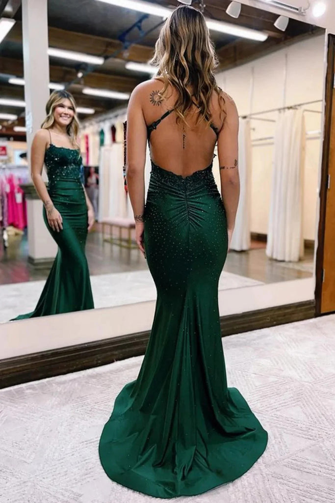 Glitter Mermaid Dark Green Beaded Spaghetti Straps Long Prom Dress With Open Back OM0368