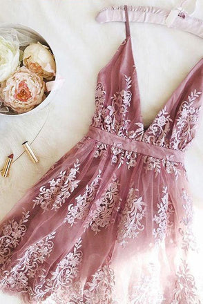 A line Dark Green Spaghetti Straps Lace Appliques V neck Short Homecoming Dresses OMH0025