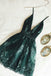 A line Dark Green Spaghetti Straps Lace Appliques V neck Short Homecoming Dresses OMH0025