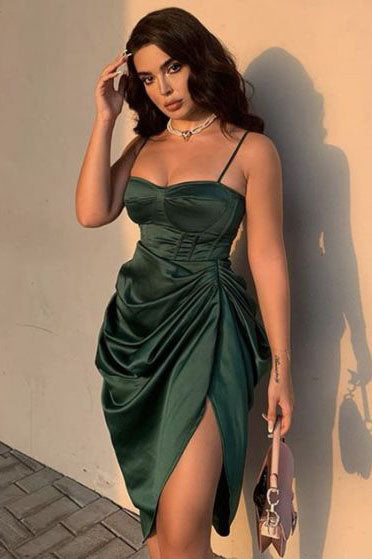 Sexy Dark Green Spaghetti Straps Sheath Short Prom Dresses, Homecoming Dresses OMH0009