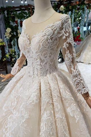 Princess Long Sleeves Ball Gown Lace Wedding Dresses, Long Bridal Dress PDN43