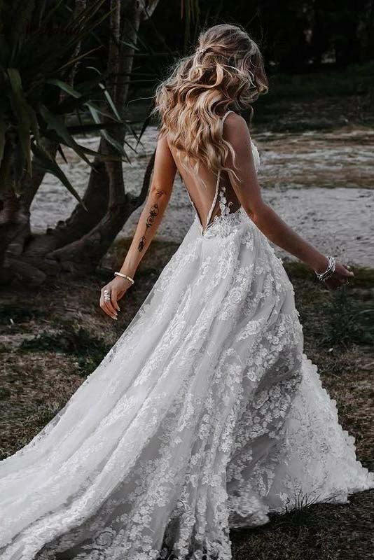 Charming A line Spaghetti Straps Lace Beach Wedding Dresses With Slit, Bridal Dress OW0096
