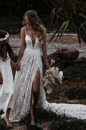 Charming A line Spaghetti Straps Lace Beach Wedding Dresses With Slit, Bridal Dress OW0096
