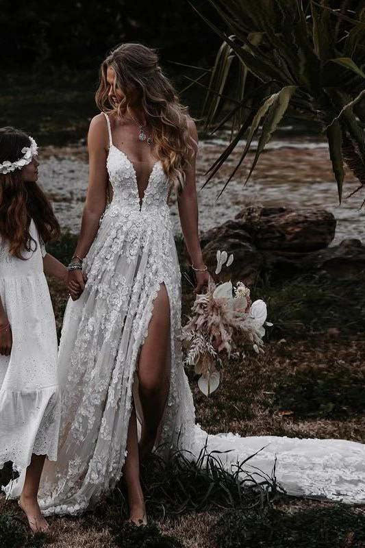 Charming A line Spaghetti Straps Lace Beach Wedding Dresses With Slit, Bridal  Dress – trendtydresses