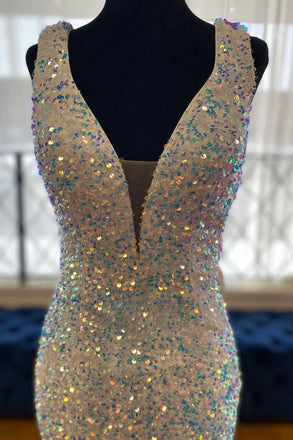 Stunning Mermaid White Deep V neck Sequined Long Evening Dress, Glitter Prom Dress OM0094