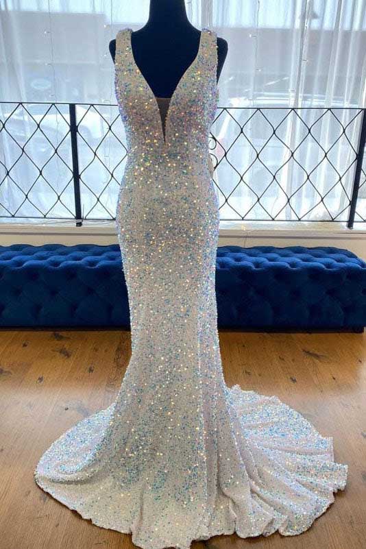 Stunning Mermaid White Deep V neck Sequined Long Evening Dress, Glitter Prom Dress OM0094