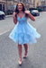 Unique A Line Blue V Neck Tulle Sequins Short Prom Dress Lace Homecoming Dresses SK45
