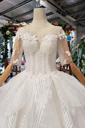 Ball Gown Half Sleeves Lace Bridal Dress with Sequins, Princess Long Wedding Dress PDN72