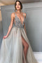 Long Backless Grey Sexy Prom Dresses with Slit Cheap Beaded Evening Gowns PDH62