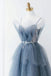 Gorgeous A line Blue Spaghetti Straps Tulle Tiered Prom Dress, Sparkly Evening Dress With Beads OM0301