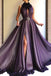 Purple Long A-line Split Cheap Prom Dresses With Flowers PDH56