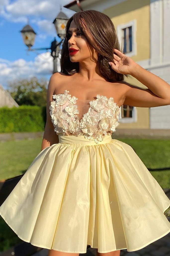 A Line Yellow Satin Strapless Short Prom Dresses with Flowers, Homecoming Dresses OMH0056