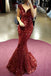 Mermaid Burgundy Sequined Cap Sleeves Long Prom Dresses PDH23