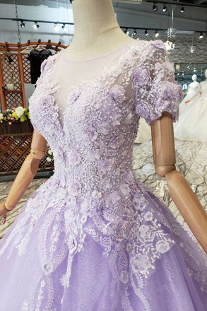 Lilac Ball Gown Short Sleeves Prom Dresses with Lace, Quinceanera Dress PDL41
