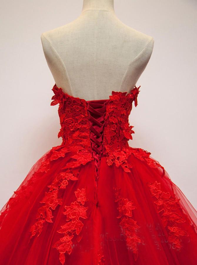 Charming Red Sweetheart Strapless Ball Gown Applique Tulle Long Prom Dress PDE82