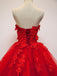 Charming Red Sweetheart Strapless Ball Gown Applique Tulle Long Prom Dress PDE82