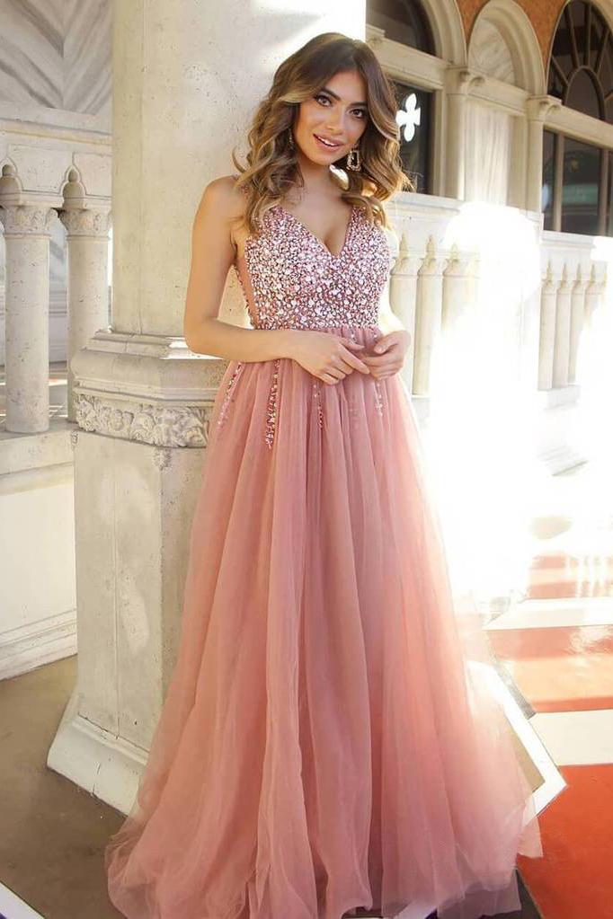 A Line Dusty Rose Long Tulle Prom Dresses Beading Bodice V Neck Formal Dress PDH49