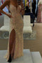 Sparkle Mermaid Spaghetti Straps Sequins V Neck Long Prom Dress With Side Slit OM0061