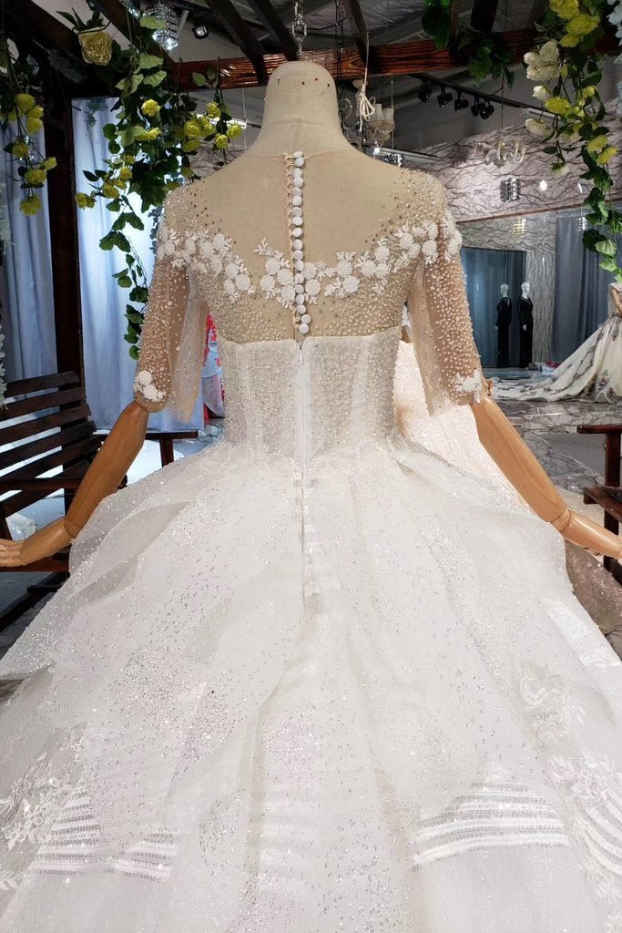 Ball Gown Half Sleeves Lace Bridal Dress with Sequins, Princess Long Wedding Dress PDN72