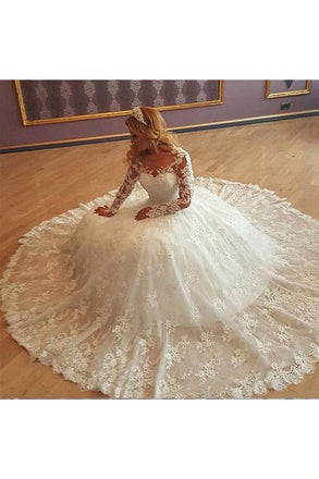 Stunning Tulle Bateau Long Sleeves Ball Gown Wedding Dress With Lace Appliques PDF24