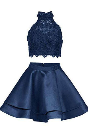 Two Piece Dark Blue Short Homecoming Dress with Lace, A Line Satin Graduation Dress PPD55