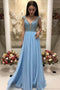 Elegant A-Line Beaded Sky Blue Prom Dresses With Cap Sleeves PDO96