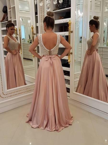 Charming Blush Pink Long Satin Prom Dresses Unique Pearls Formal Evening Dress PD10