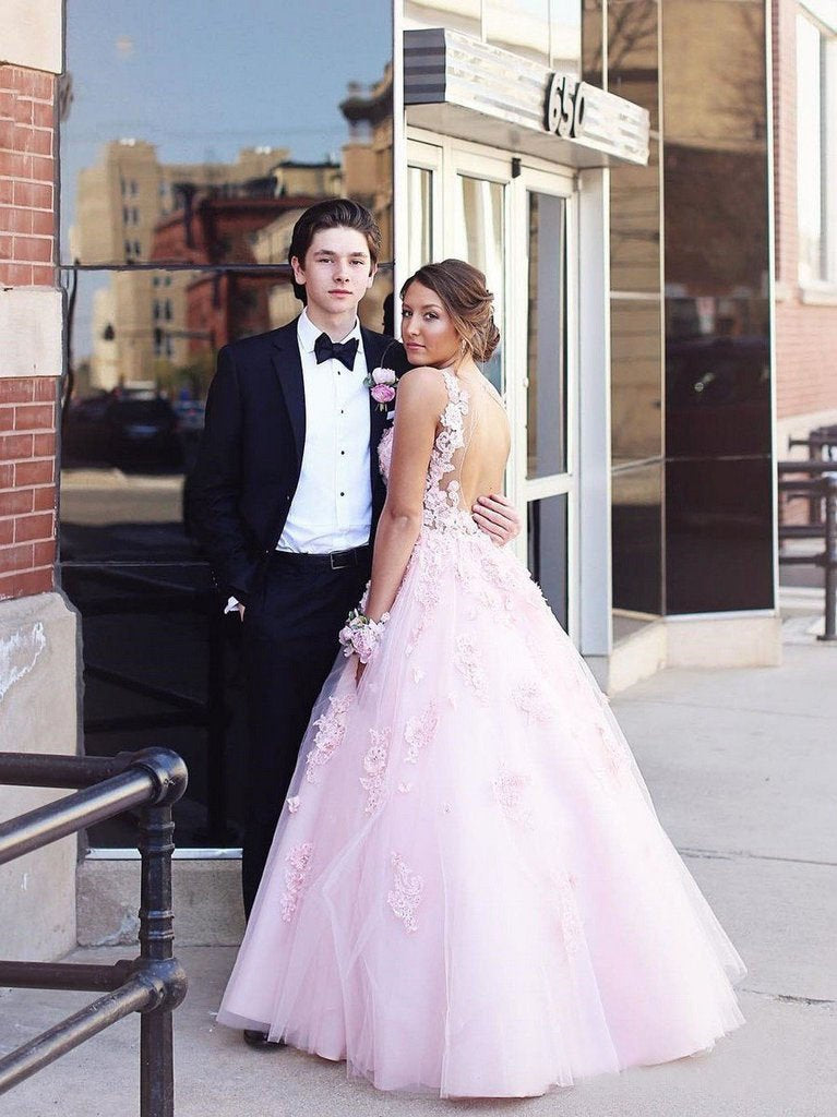 Elegant Pink Ball Gown Prom Dresses With Lace Appliques PDO90