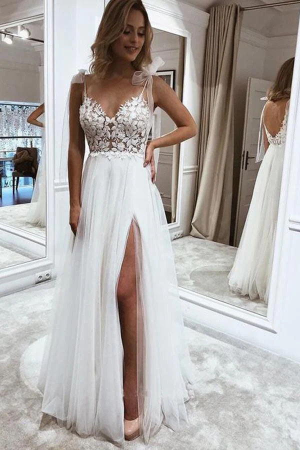 A Line V neck Straps Beach Wedding Dresses With Split, Tulle White Bridal Dresses OW0090
