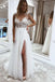 A Line V neck Straps Beach Wedding Dresses With Split, Tulle White Bridal Dresses OW0090