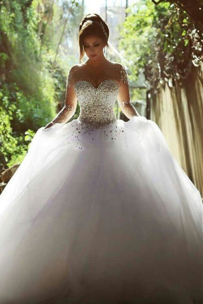 Stunning Long Sleeves Tulle Ball Gown Beaded Wedding Dress PDH69