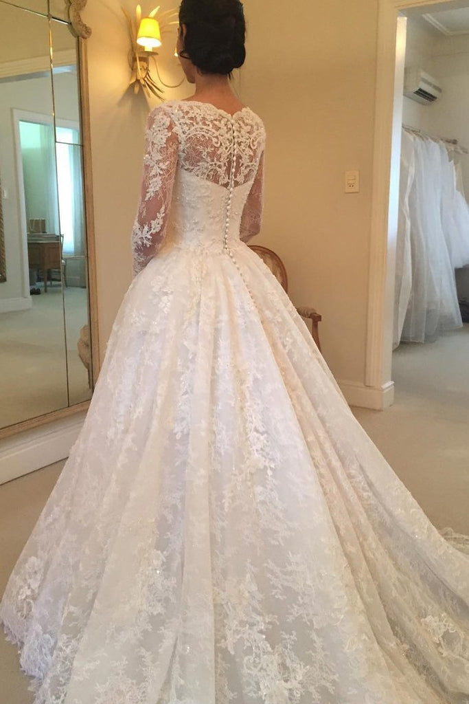 Long Sleeves Scoop Off White Lace A Line Elegant Wedding Dresses PDG93