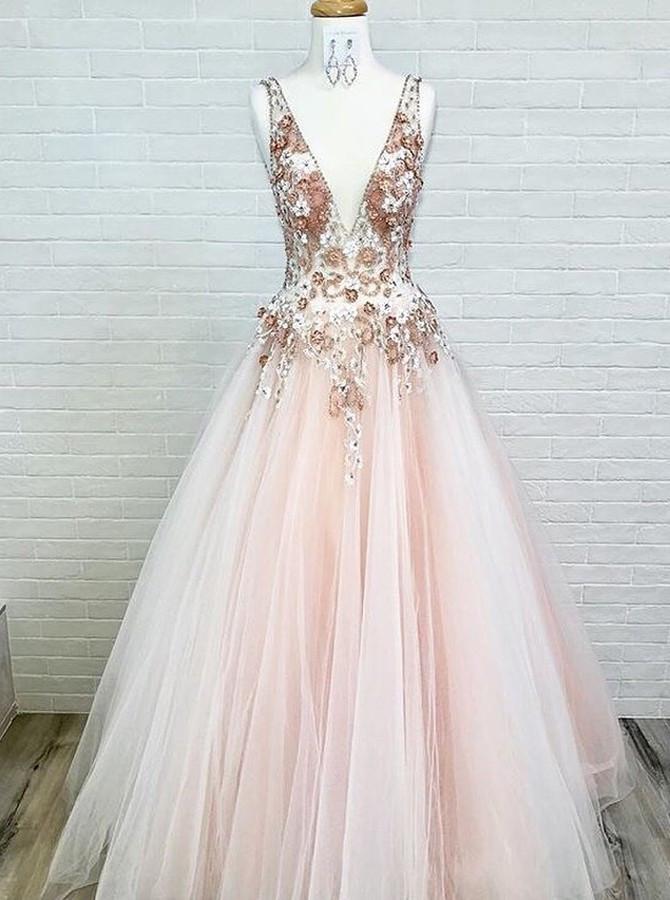 Charming A-Line V-Neck Floor-Length Pink Tulle Prom Dress with Appliques Beading PDI68