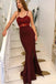 Mermaid Spaghetti Straps Long Burgundy Prom Dress with Lace Appliques PDE83