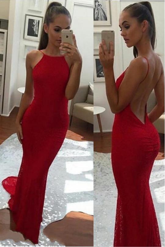 Simple Spaghetti Straps Backless Red Prom Dress,Long Mermaid Formal Dresses PDI38